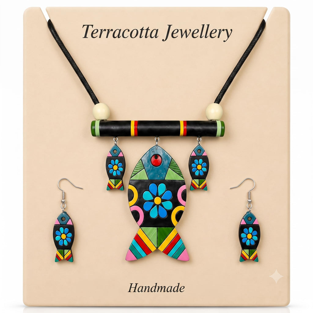 Terracotta Jewellery Set for Women – Handmade Multicolor Fish Design Necklace with Matching Earrings | Ethnic Tribal Boho Statement Jewellery