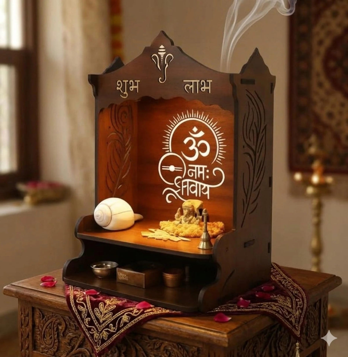 Premium Wooden Wall Mounted Pooja Mandir for Home | Om Namah Shivay Shubh Labh Design | Space Saving Temple with Shelf | Decorative Home & Office Mandir
