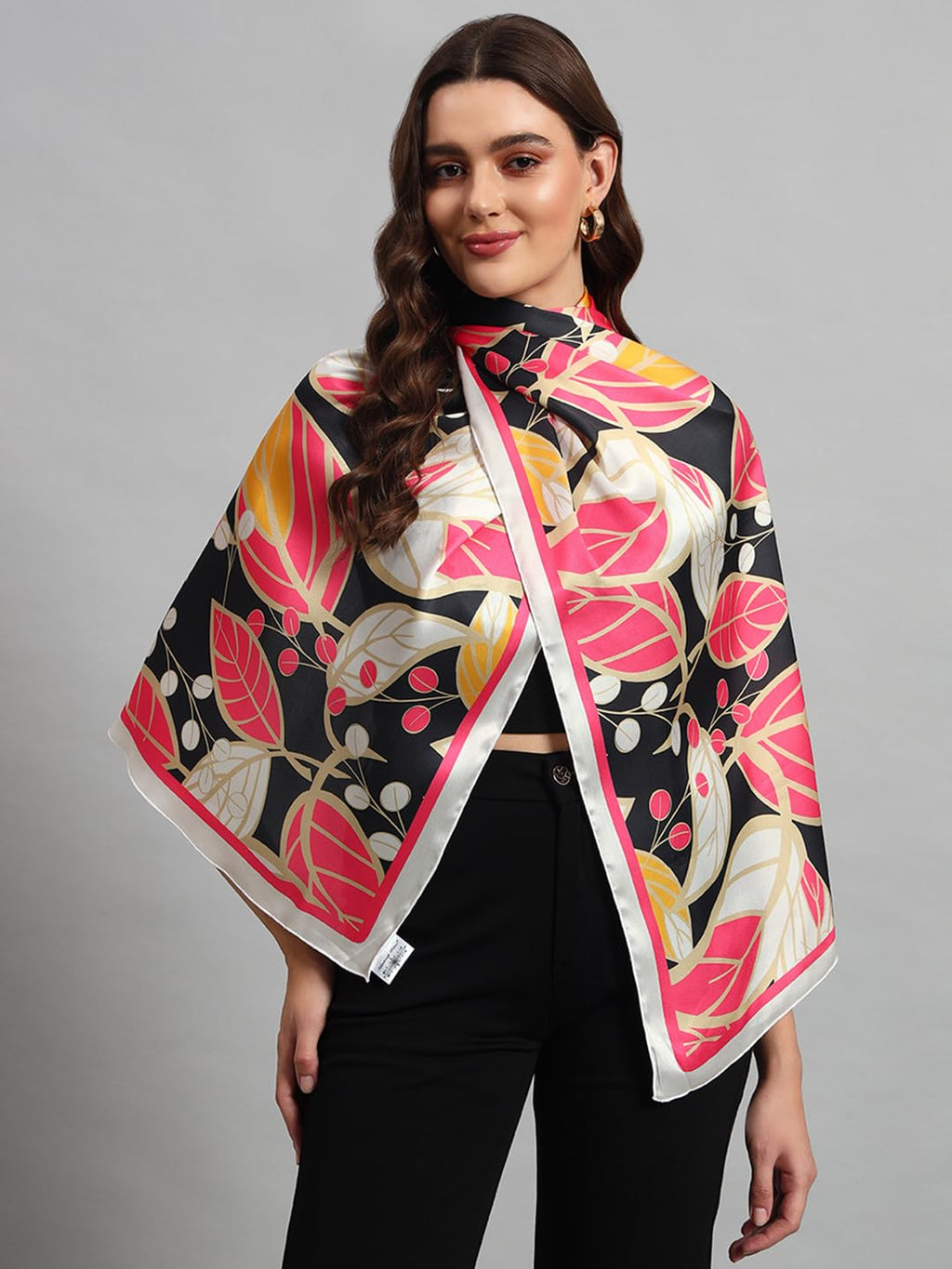 Ravaiyaa - Attitude is everything Women Lightweight Printed 100% Satin Silk Scarf Stoles Breathable Neckerchief Head Beach Wrap Scarves (Black Pink Leaf, 70 x 20 Inch)