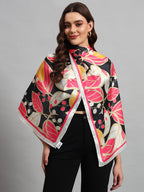 Ravaiyaa - Attitude is everything Women Lightweight Printed 100% Satin Silk Scarf Stoles Breathable Neckerchief Head Beach Wrap Scarves (Black Pink Leaf, 70 x 20 Inch)