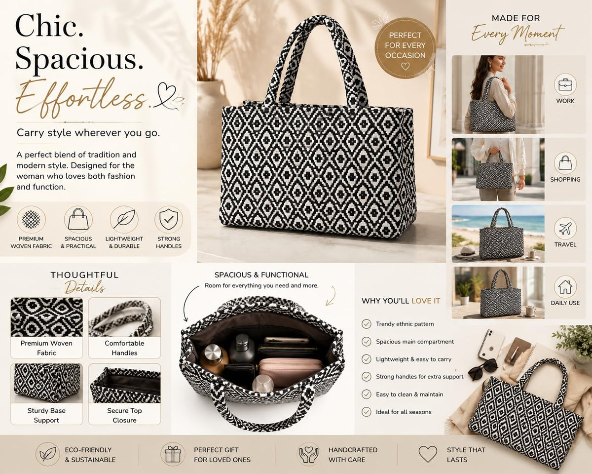 Global Impex Stylish Buoy Tote Bag for Girls & Women | Sturdy Cotton Blend Jacquard | Double Shoulder Ladies Handbag Purse For Daily & Office,Travel Use | Zip Pocket | Handcrafted (Black)