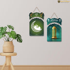 Artvibes Moon and Auspicious Symbols Wooden Art Decoration Item for Home | Living Room | Office | Wall Art Painting For Hall | Graphic Artwork | Wall Art Print | Unique Gift (WH_9212N), Set of 2