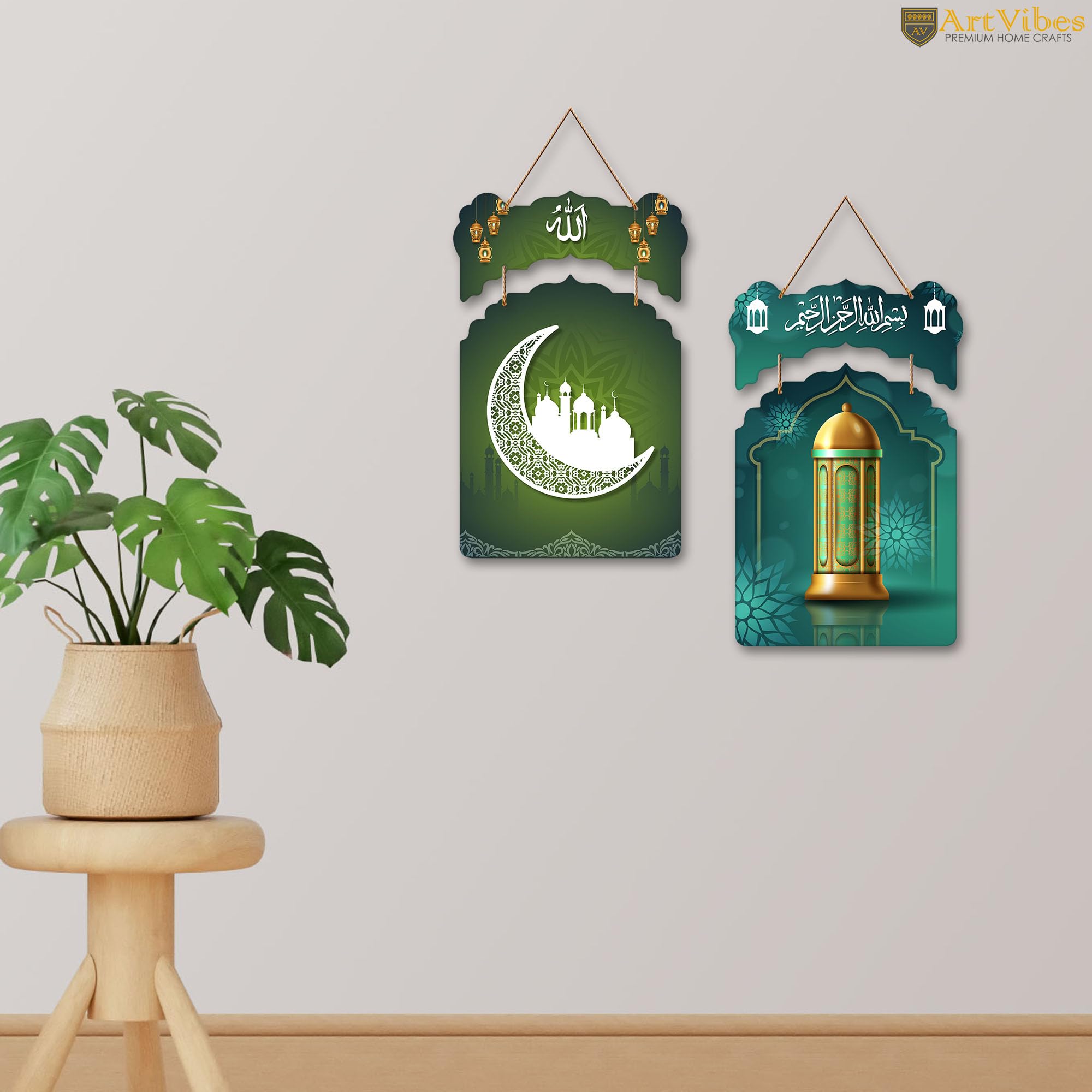 Artvibes Moon and Auspicious Symbols Wooden Art Decoration Item for Home | Living Room | Office | Wall Art Painting For Hall | Graphic Artwork | Wall Art Print | Unique Gift (WH_9212N), Set of 2