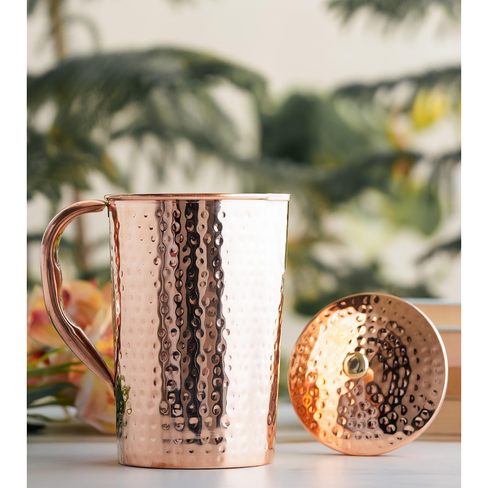 Indian Art Villa Pure Copper Hammered Design Jug with Lid – 1500 ML, Elegant Copper Water Jug for Home, Office, Dining Table, Tableware & Drinkware, and Festive Gifting