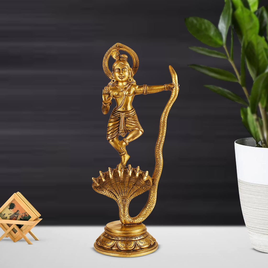 ARTVARKO Brass Dancing Krishna on Kaliya Naag Sheshnag Idol Krishan Decorative Showpiece Figurine for Pooja Room & Gift