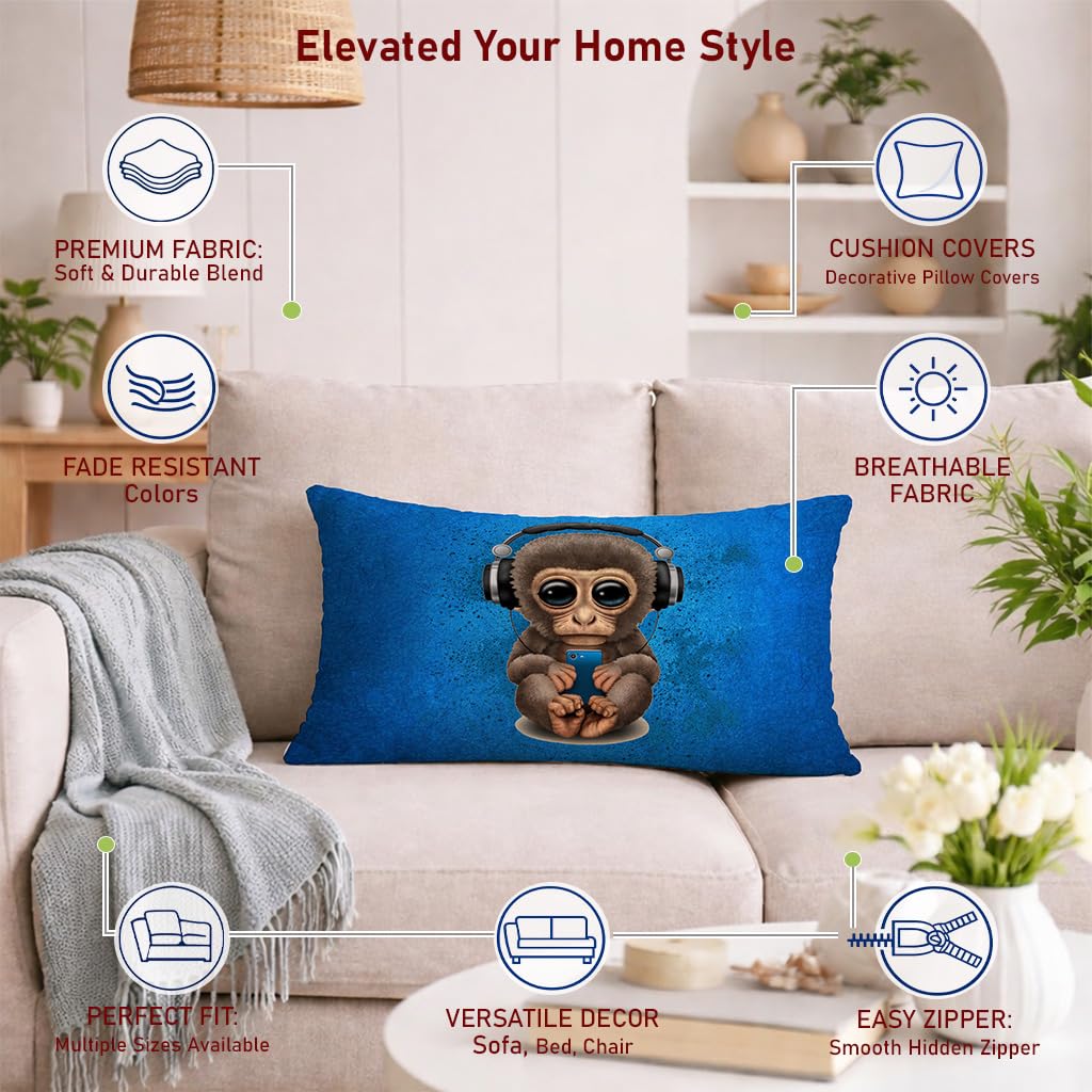 STITCHNEST Set of 2 Jute Cushion Covers – 12x18 Inches – Nerdy Elephant & Music Lover Monkey Prints – Designer Decorative Pillow Covers for Sofa, Living Room & Bedroom | Perfect for Home Decor