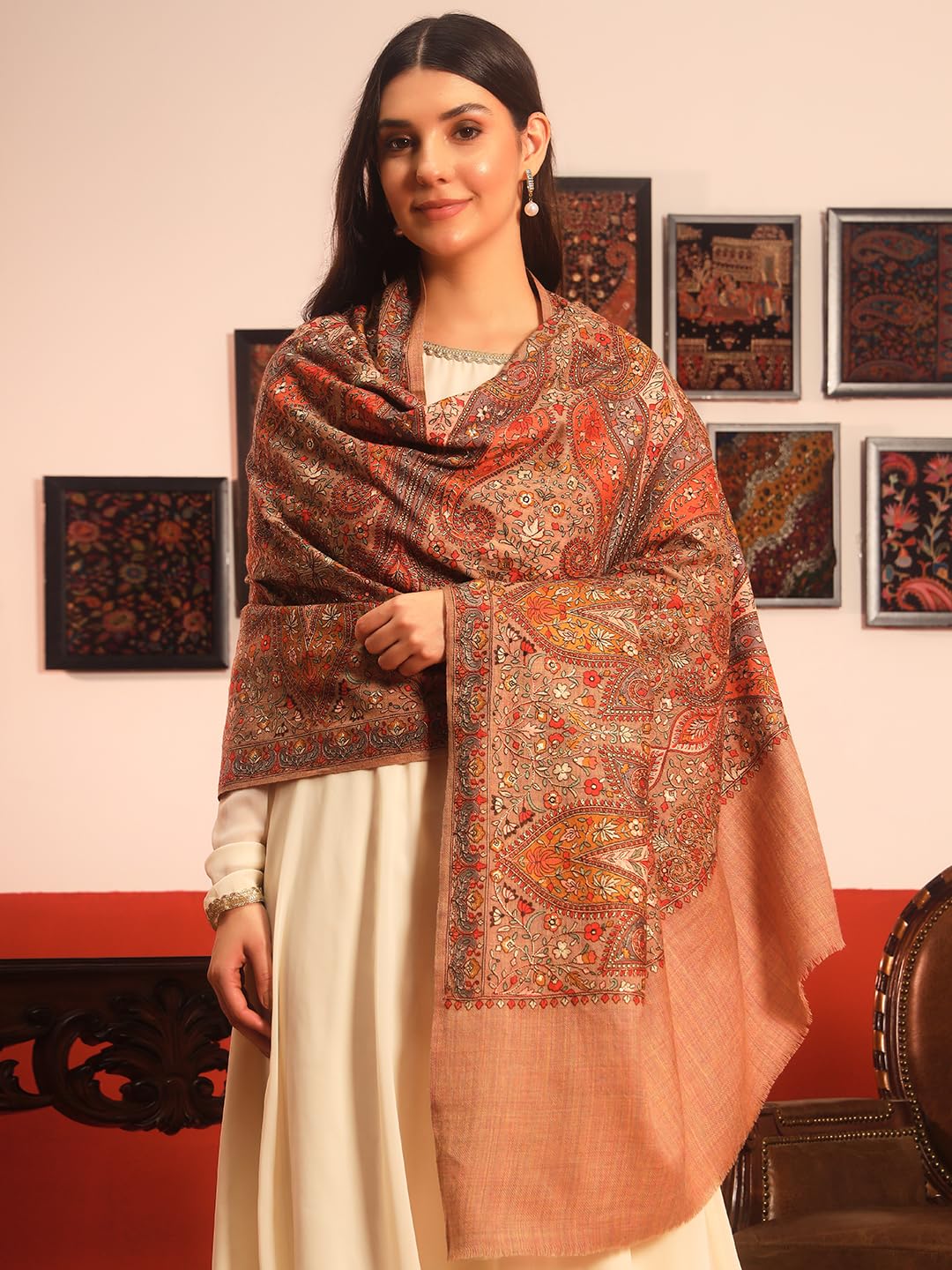 Pashmoda Women Mahnoor 100% Pure Wool Sozni Hand Embroidered Shawl (Size: 40x80in, 101x203cm) LIS40