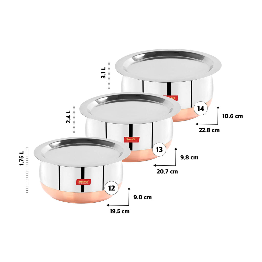 Sumeet Stainless Steel Copper Bottom Belly Shape 3 Pc Tope/Cookware/Pot Set with Lid 1.75Ltr, 2.4Ltr, 3Ltr (Silver), 500 ml