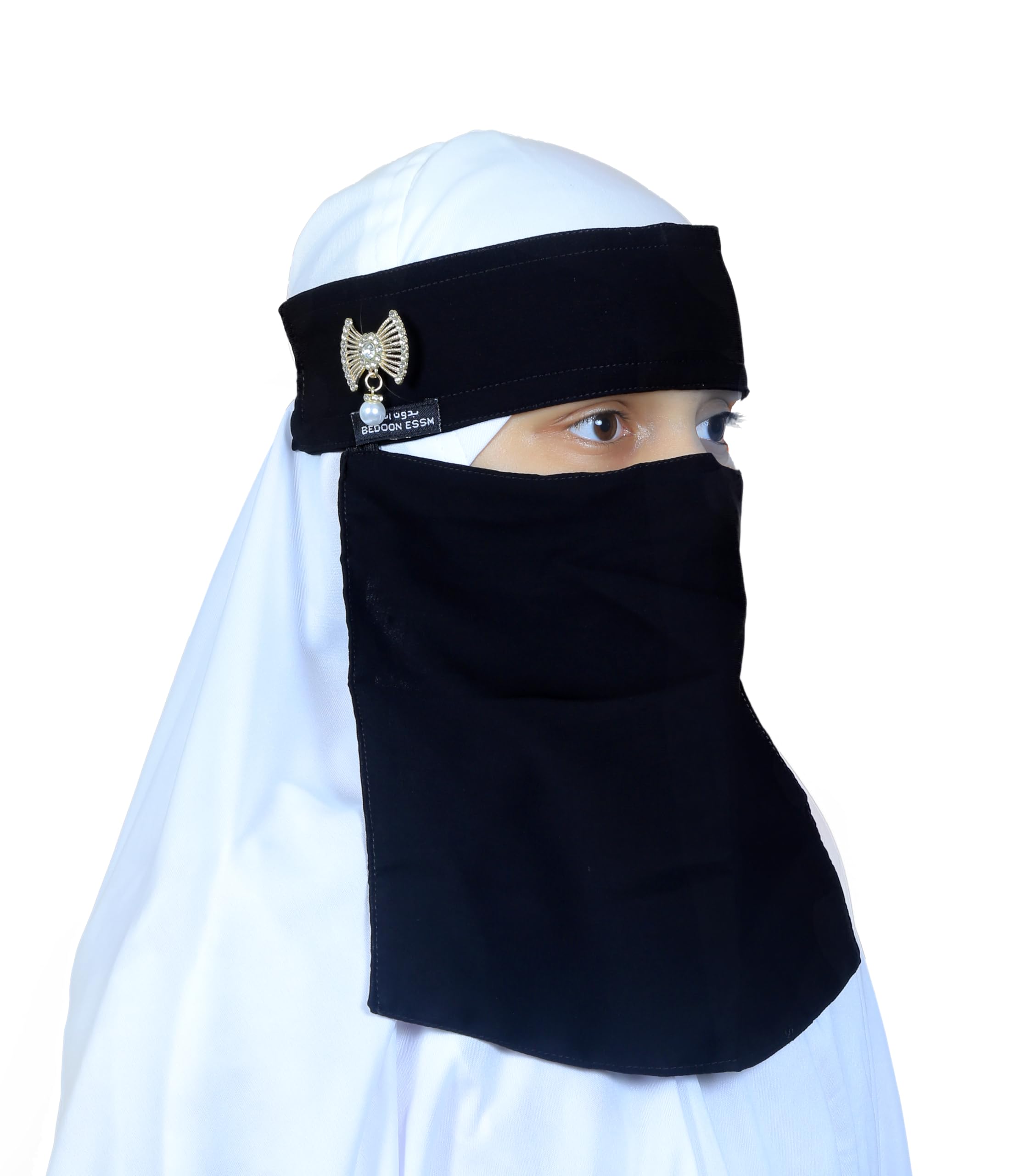 AL RIDHA Women's Babussalam Fabric Fashion Nosepiece One‑Layer Half Hijab Pendant Design Saudi Niqab for Muslim Women and Girls, Black (Wing Pearl Pendant)