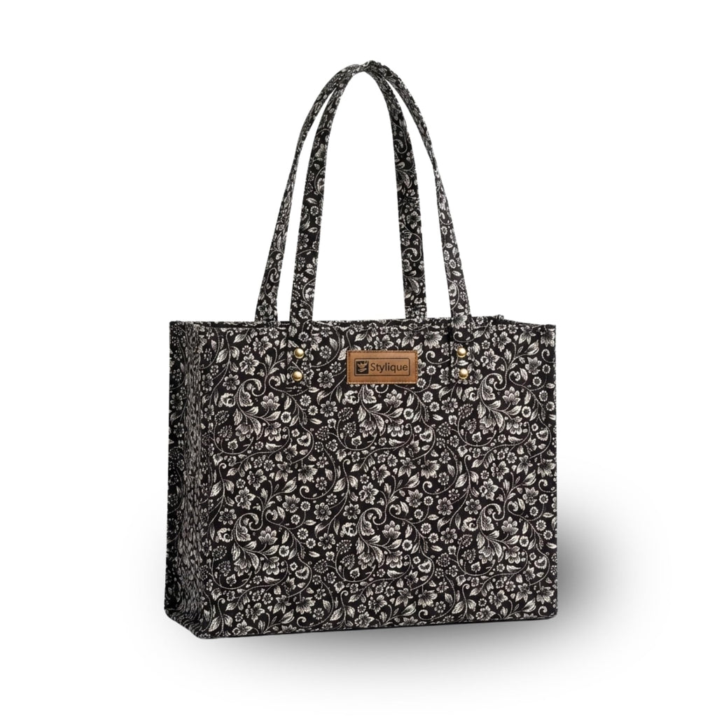 Stylique Jute Tote Bag for Women — Eco-Friendly Handmade Shoulder Bag with Zip, Large Capacity for Office, College & Everyday Use (Black)