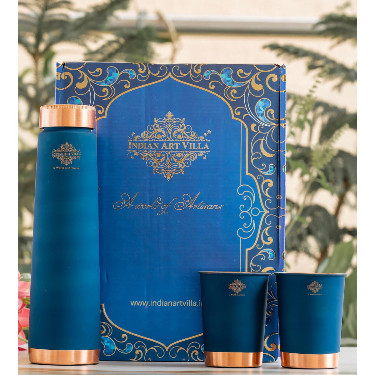 INDIAN ART VILLA Copper Bottle & Glass Gift Set - 800 ml Water Bottle & 2 Glasses (300 ml Each) - Peacock Blue Pyramid Ombre Silk Finish, Perfect for Gifting & Everyday Use