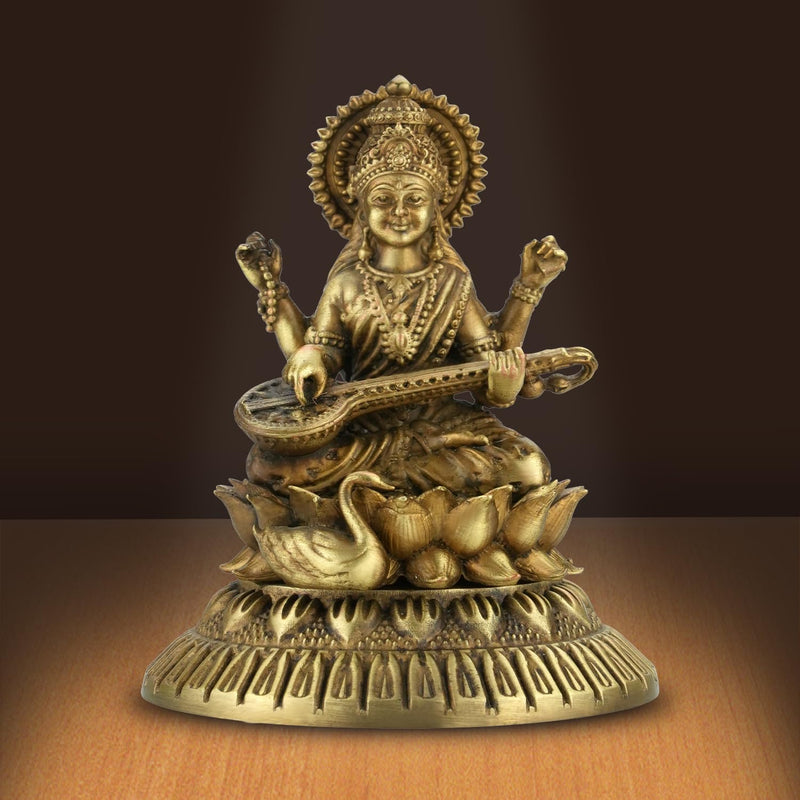 Shilpkala Ultra Fine Saraswati Maa Idol Seated on Lotus Holding Veena - Fine Detailing of God Statue for Study Table, Murti for Mandir, Idols for Gift & Housewarming (2.7 Inch, Coffee Antique)