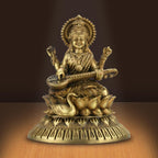 Shilpkala Ultra Fine Saraswati Maa Idol Seated on Lotus Holding Veena Fine Detailing of God Statue for Study Table, Murti for Mandir, Idols for Gift & Housewarming (3.5 Inch, Coffee Antique)