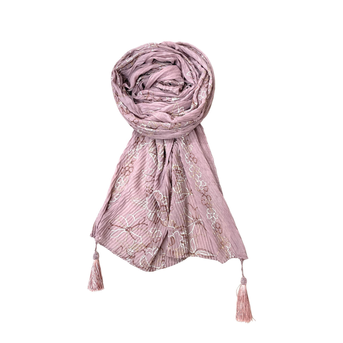 FAHABO Scarf Woman Pleated Cotton Scarves with Embroidery and Tassels | Hijab Scarf | Headscarf | Neck Scarf | Stoles | Wraps (Lilac Purple -1)