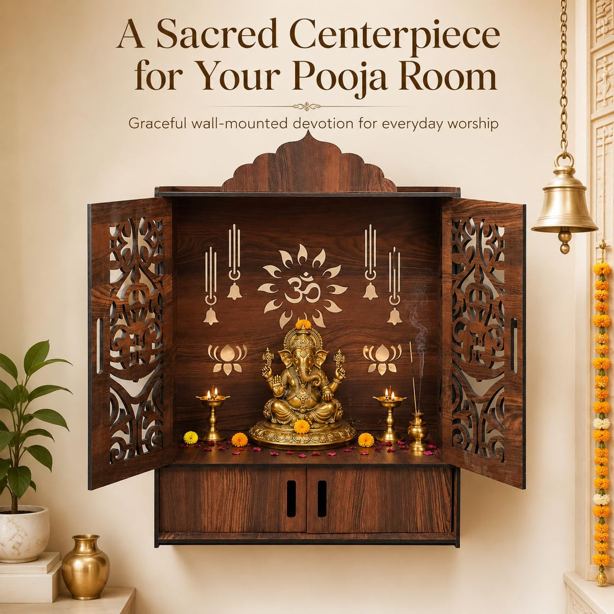 The Castle Decor Wooden Mandir for Home, Wall Hanging & Tabletop Pooja Temple with Double Doors, Om & Lotus Cutwork, Storage Cabinet, Dark Walnut MDF for Pooja Room, 10.6 x 20 x 16.7 Inch (Design-2)