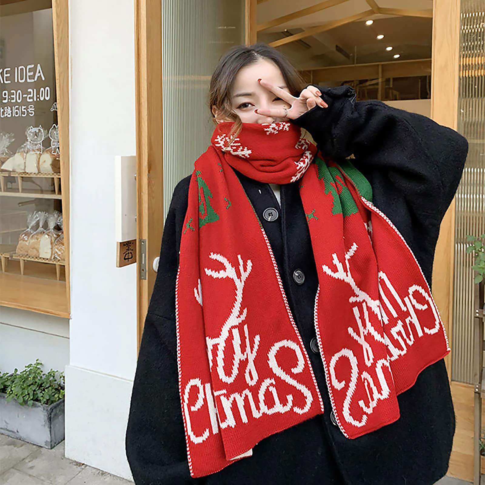 LumiSyne Knitted Scarf For Women Winter Reversible Christmas Reindeer Antler Snowflake Long Pashmina Scarves Shawl Thickened, Christmas Snowflake Red, One Size