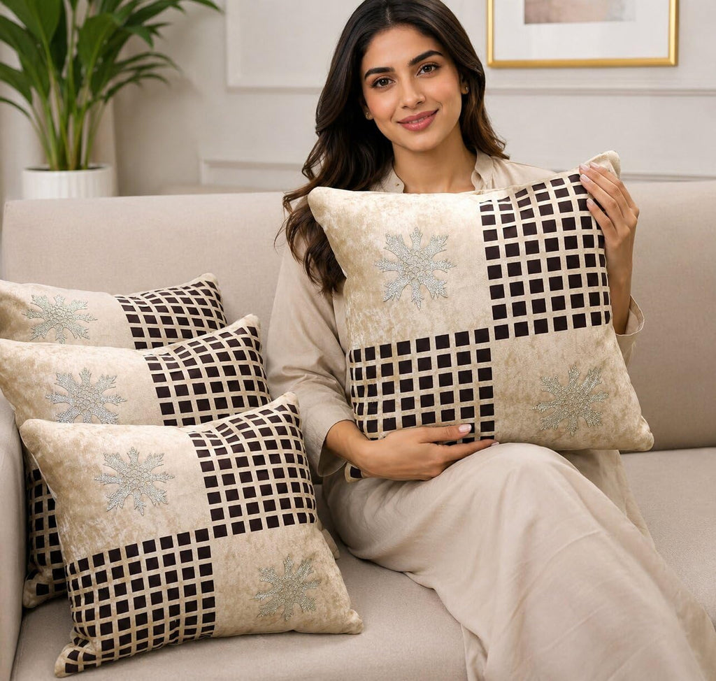 JDX Flower Fancy Cushion Cover Set for Living Room and Sofa, 8049_Beige