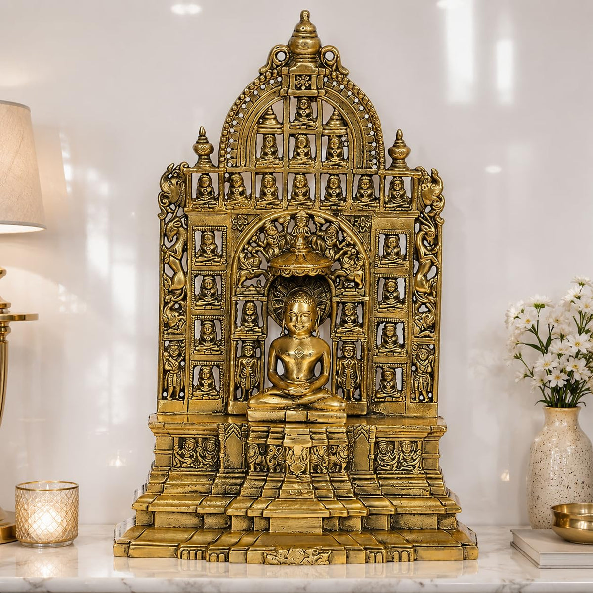 ARTVARKO Pure Brass Mahavir Swami 24 Jain Tirthankar Murti Lord Mahaveer Ji Jain Puja Décor & Gift 12 Inch