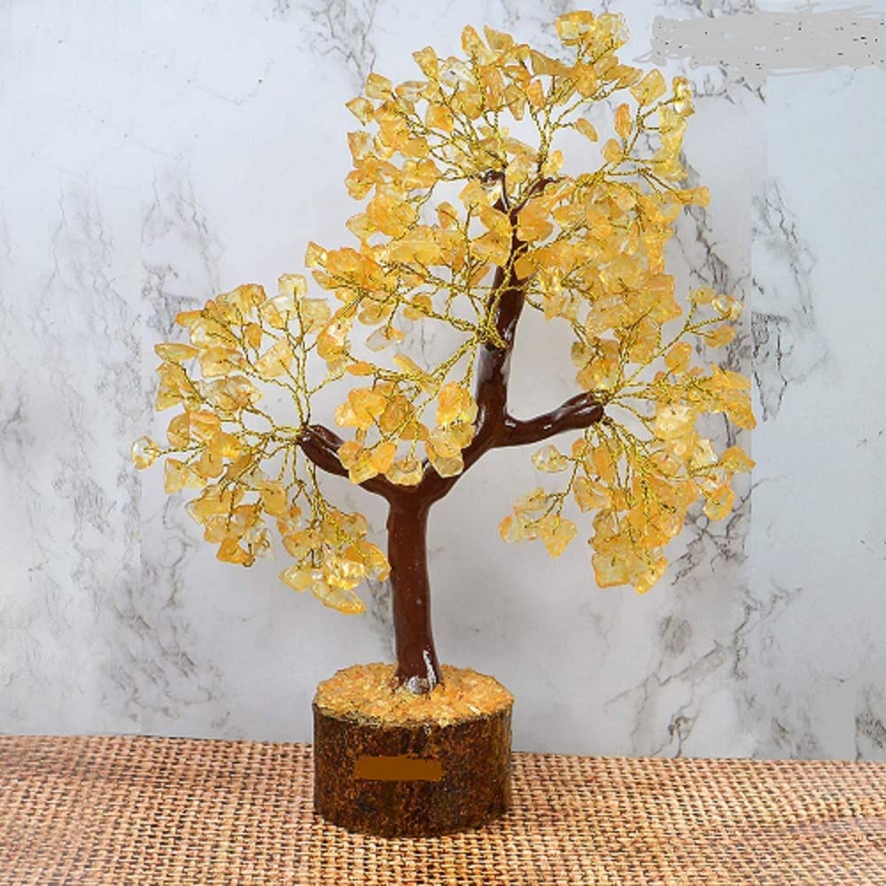 Fastel® Natural Citrine Crystal Gemstone Bonsai Money Tree with Golden Wire and 300 Beads for Good Luck, Healing, Wealth & Prosperity, Home Office Decor showpiece Decoration Gift