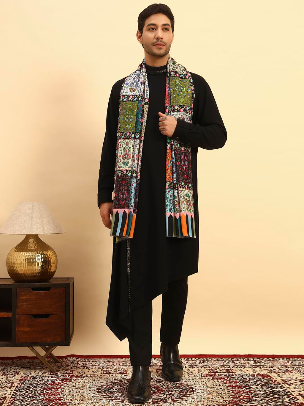 Pashmoda Men Floral Sonata Royal Fine Soft Bamboo Fibre Stole, Multicoloured Design, Evening Wrap, Luxury Pashmina Style Scarf, Wrap, Sustainable and Natural Fabric (Size 28x80,Multi colour) MISST32