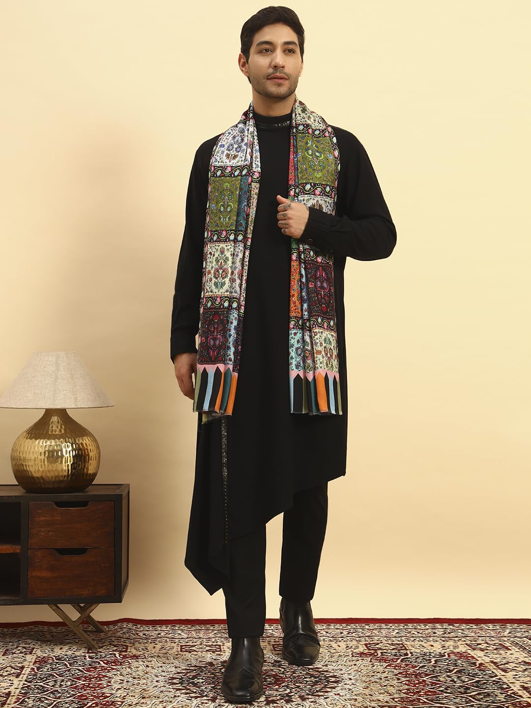 Pashmoda Men Floral Sonata Royal Fine Soft Bamboo Fibre Stole, Multicoloured Design, Evening Wrap, Luxury Pashmina Style Scarf, Wrap, Sustainable and Natural Fabric (Size 28x80,Multi colour) MISST32