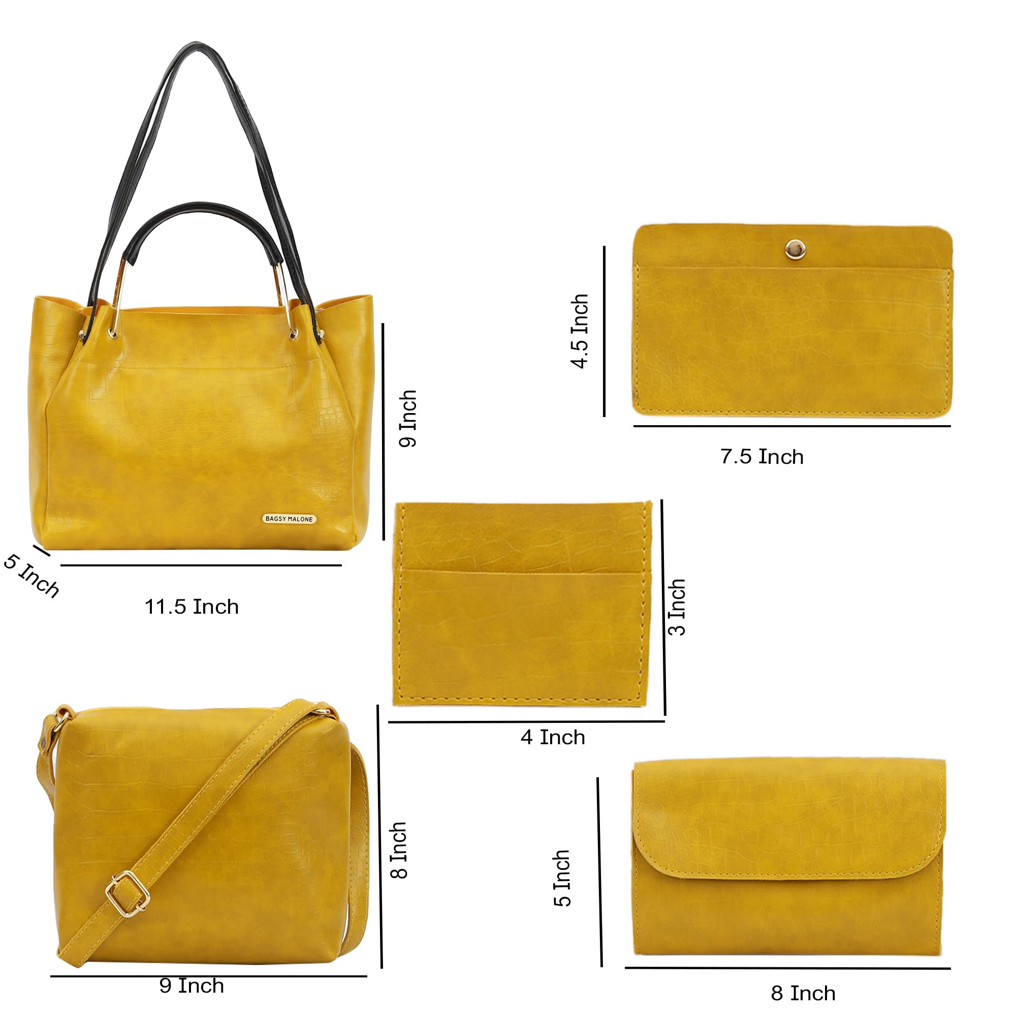 Bagsy Malone Women's Vegan Leather Stylish Tote Bag | Pack of 5 | Ladies Purse Handbag (Croco Yellow)