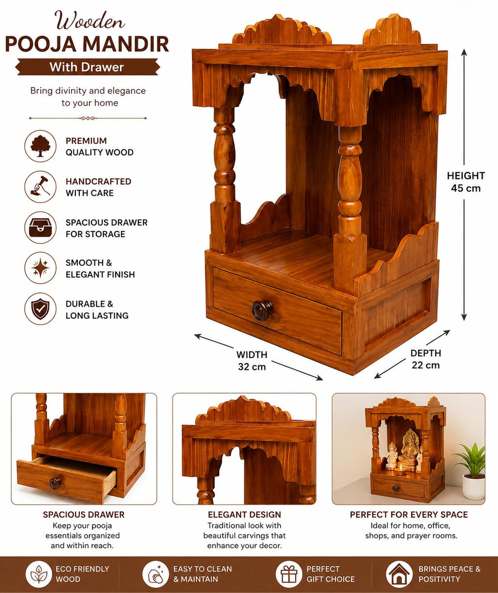 INFINITYS Wooden Home Temple for Pooja, 22 × 32 × 45 cm