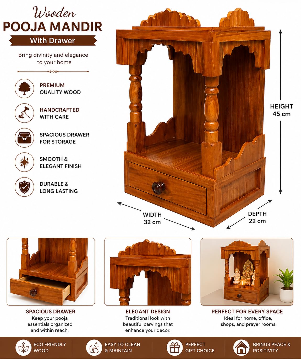 INFINITYS Wooden Home Temple for Pooja, 22 × 32 × 45 cm