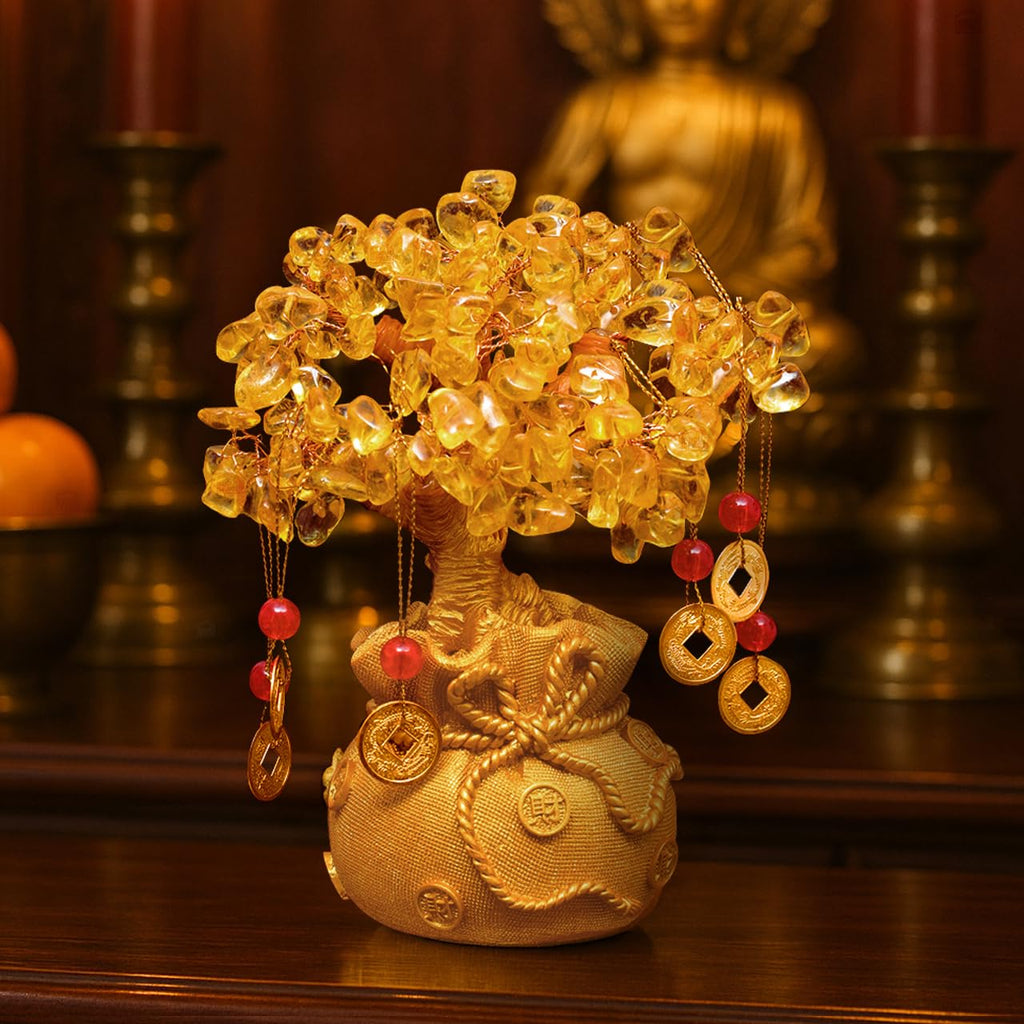 ABOUT SPACE Lucky Feng Shui Citrine Tree of Life Bonsai - Gold Crystal Ornaments with 6 Hanging Coin Charms for Health, Wealth and Happiness - Table Decor, Living Room, Office (7 x 3 inch)