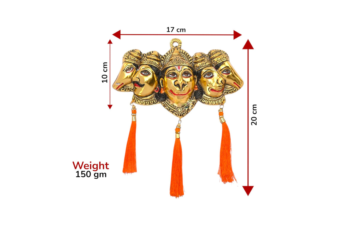 KridayKraft Metal Panchmukhi Hanuman Ji Murti for Door Entrance Statue Wall Hanging Showpiece with Silk Latakan in Gold Finish (Gold)