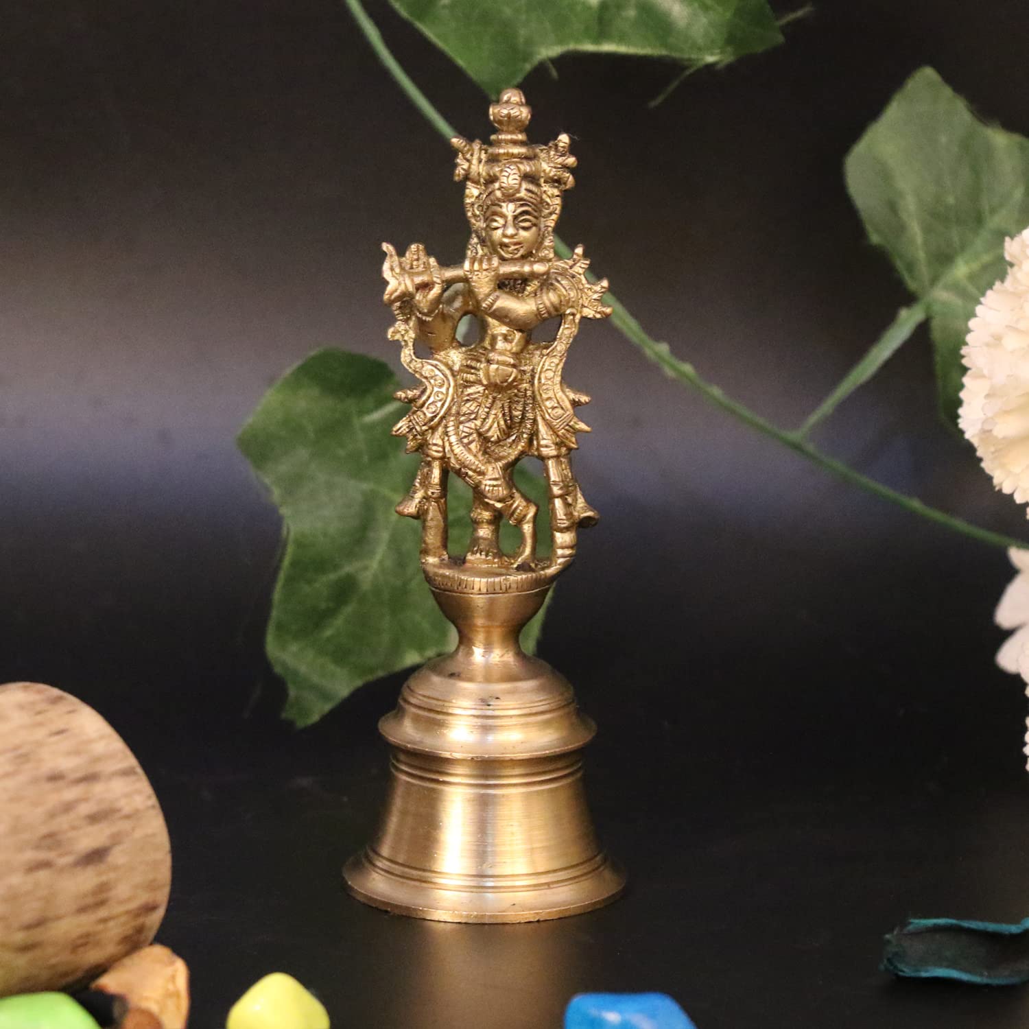 ARTVARKO Brass Krishna Playing Flute Hand Held Bell Ghanti for Gods Puja Home Office Temple Pooja Gift Spiritual Gifts 5.5 Inch