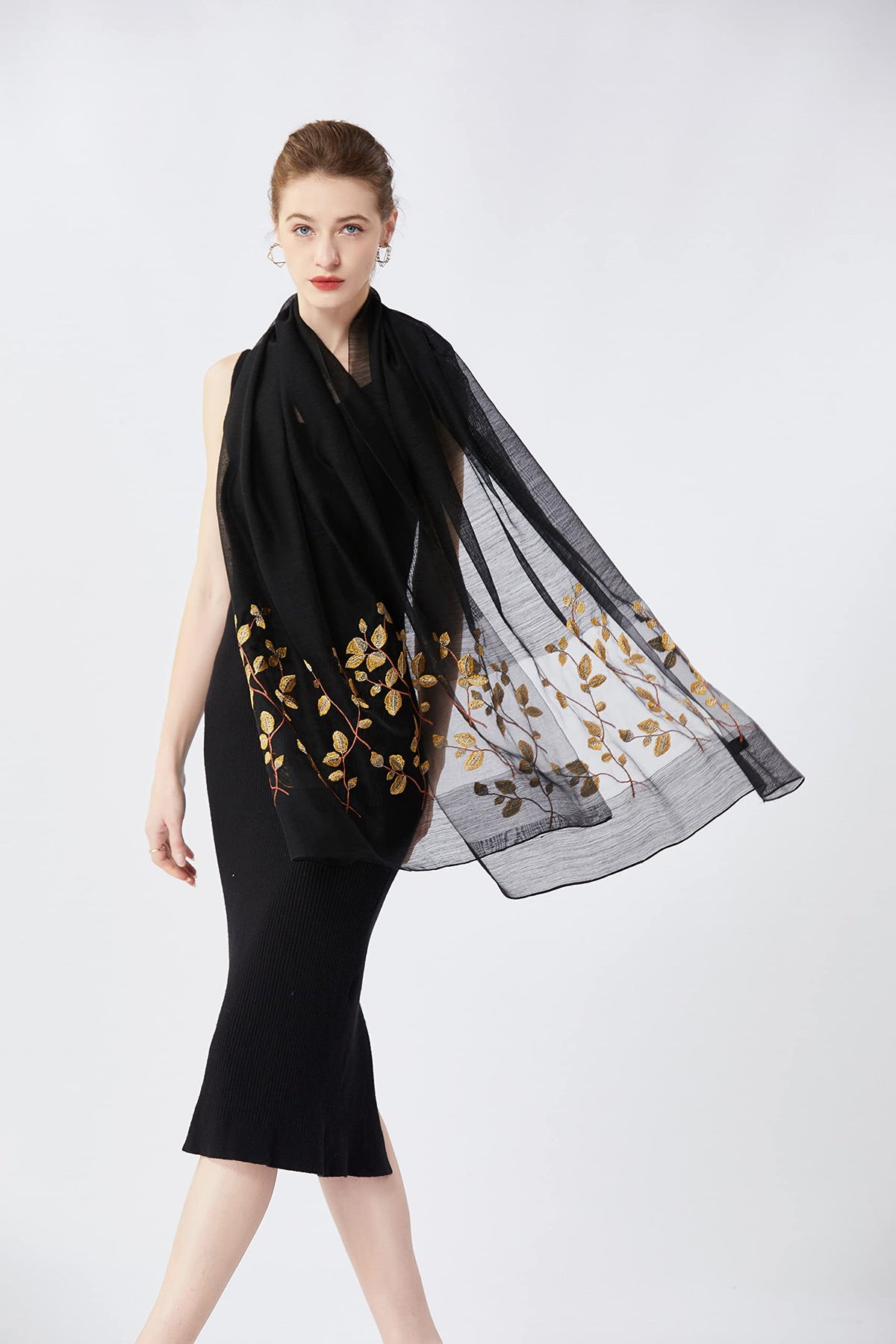 STARWHISPER Women Silk & Wool Long and Large Scarf Shawl Wrap For Evening Dress, Leaf Embroidery Black, 76 x 29 inches / 193 x 74 cm