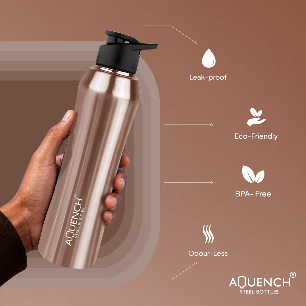 Aquench Stainless Steel Water Bottle, 1 Litre Capacity,Gym, Office, Boys, Girls, Men, Women, Kids, Fridge 1Ltr - 1000 ml, Leak-proof Sipper Cap (Pack of 1, Copper)