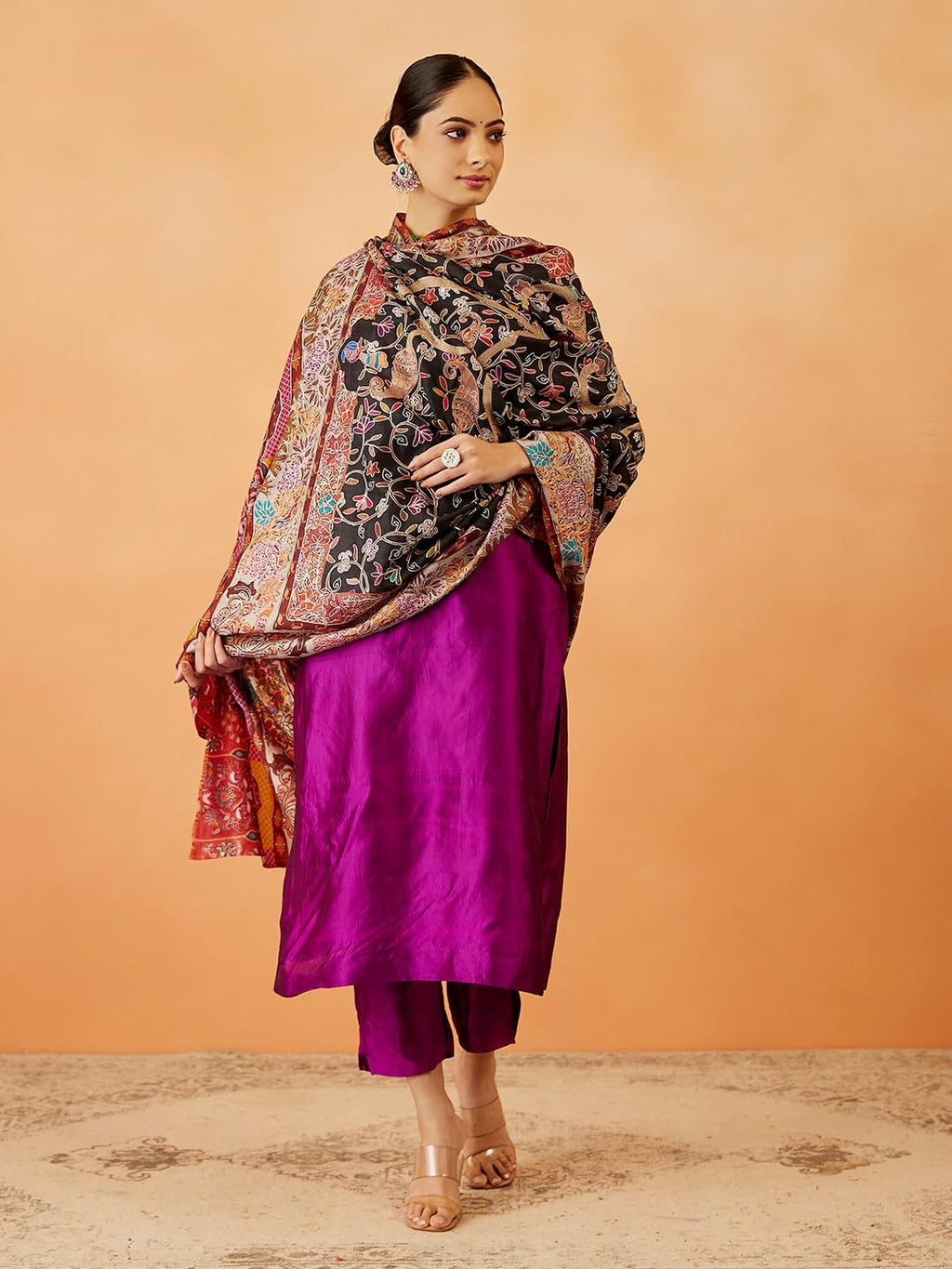 Pashmoda Women Bahaar Fine Wool Fabric Pashmina Kalamkari Embroidered Shawl, Stole and Wrap, Sustainable and Natural Fabric, Heritage Kashmiri Pashmina(Size 40x80)