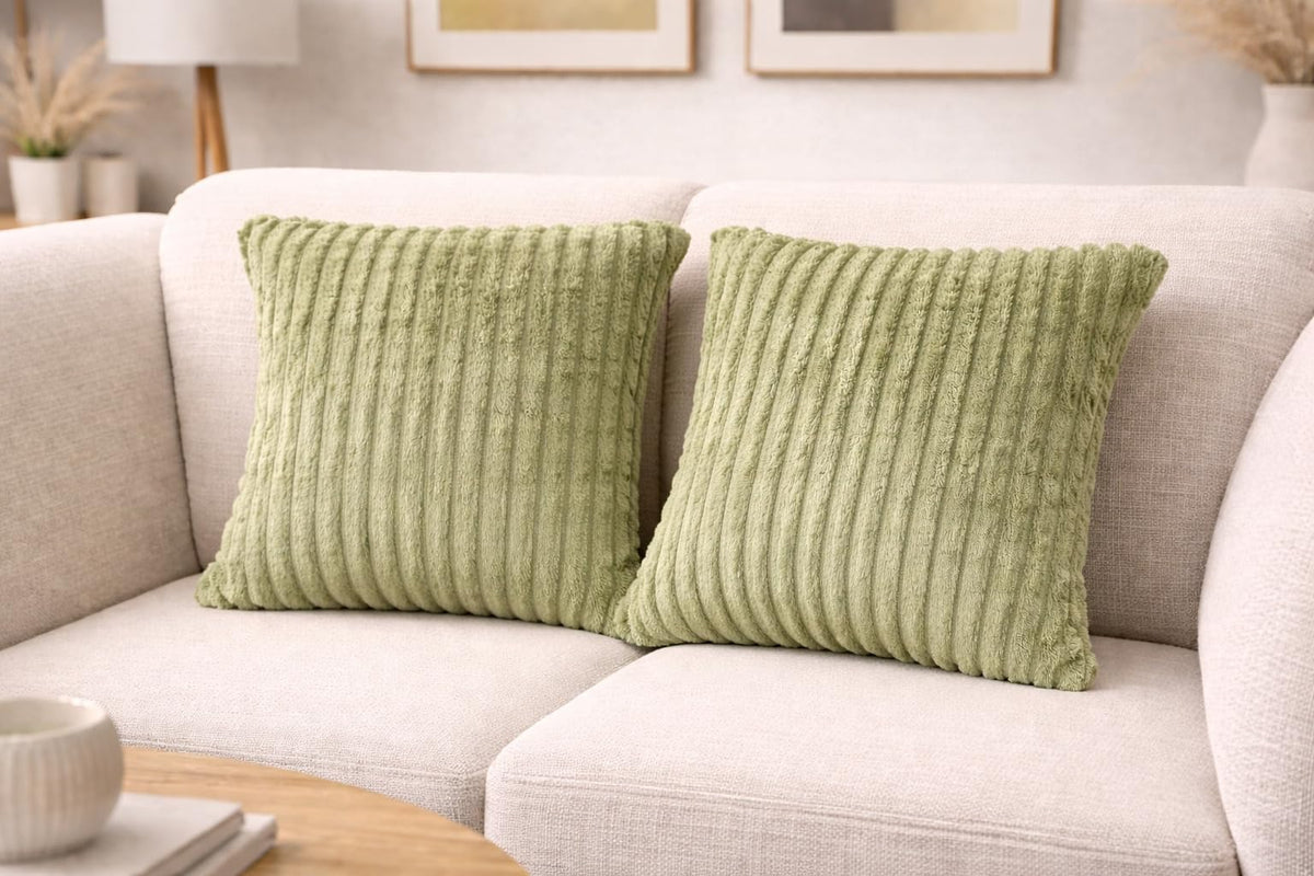 AWARD VELVETS Premium Faux Rabbit Fur Plush Luxury Soft Fluffy Striped Decorative Throw Pillow/Cushion Covers for Sofa, Couch, Living Room - (Olive Green, 16 x 16 inch) Set of 2