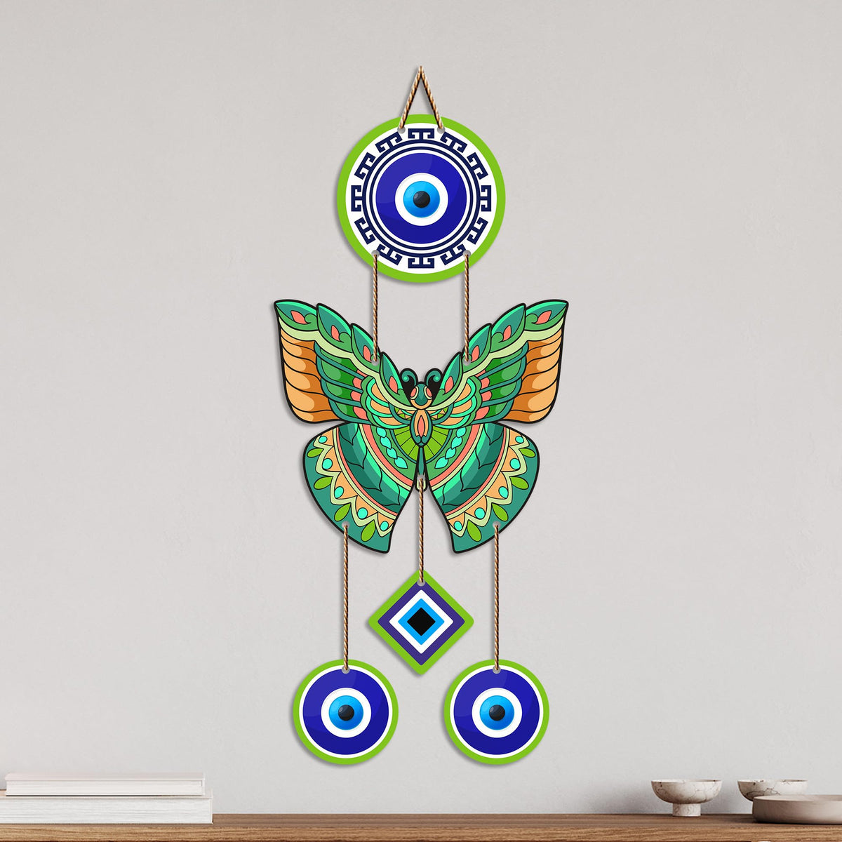 Artvibes Green Butterfly Evil Eye Wall Hanging for Home Entrance | Lucky Charm MDF Wall Decor | Decorative Vastu Art for Living Room | Bedroom | Office & Main Door | Gift Item (WH_8584N)