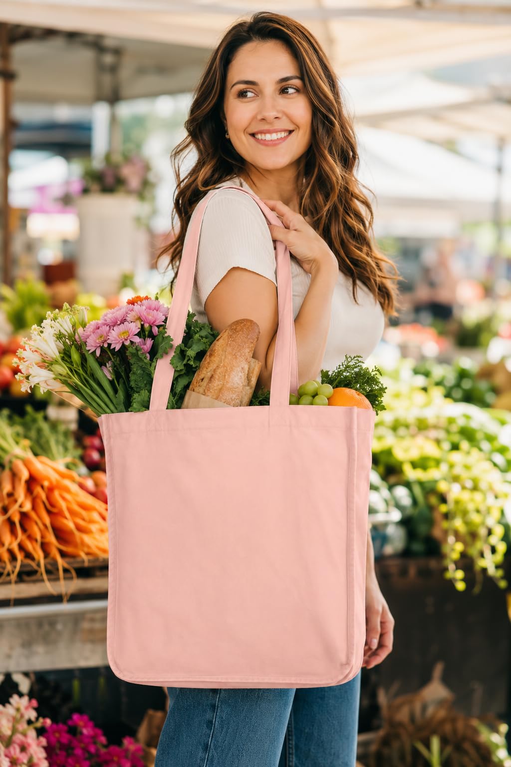 Canvas Tote Bag for Adults, 37x42x14 CM, 100% Cotton, Reusable (Pink)