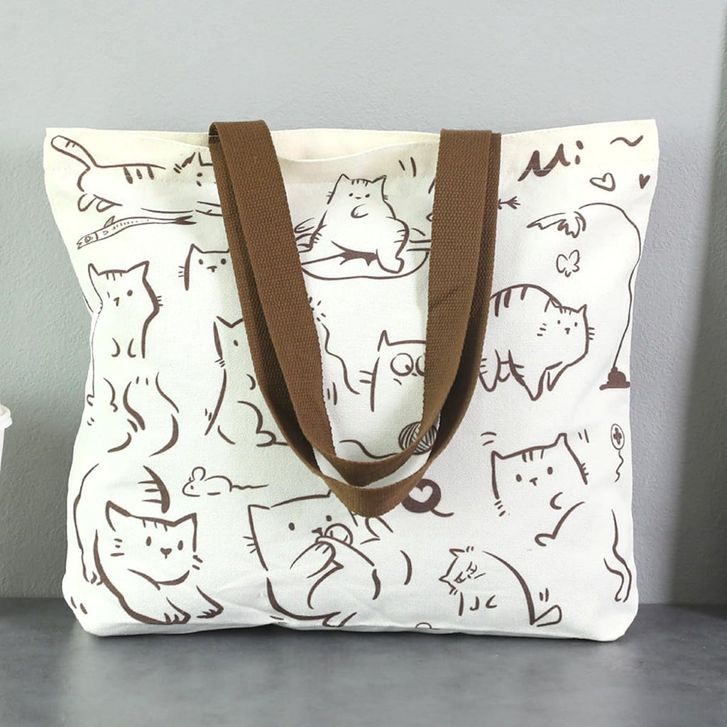 wolpin Women Shopping Grocery Tote Bag Beige | Reusable Cotton Shoulder Handbag with Pocket | Zipper Closure Travel Carry Bag Multipurpose | Funny Cat Printed Classic Tote