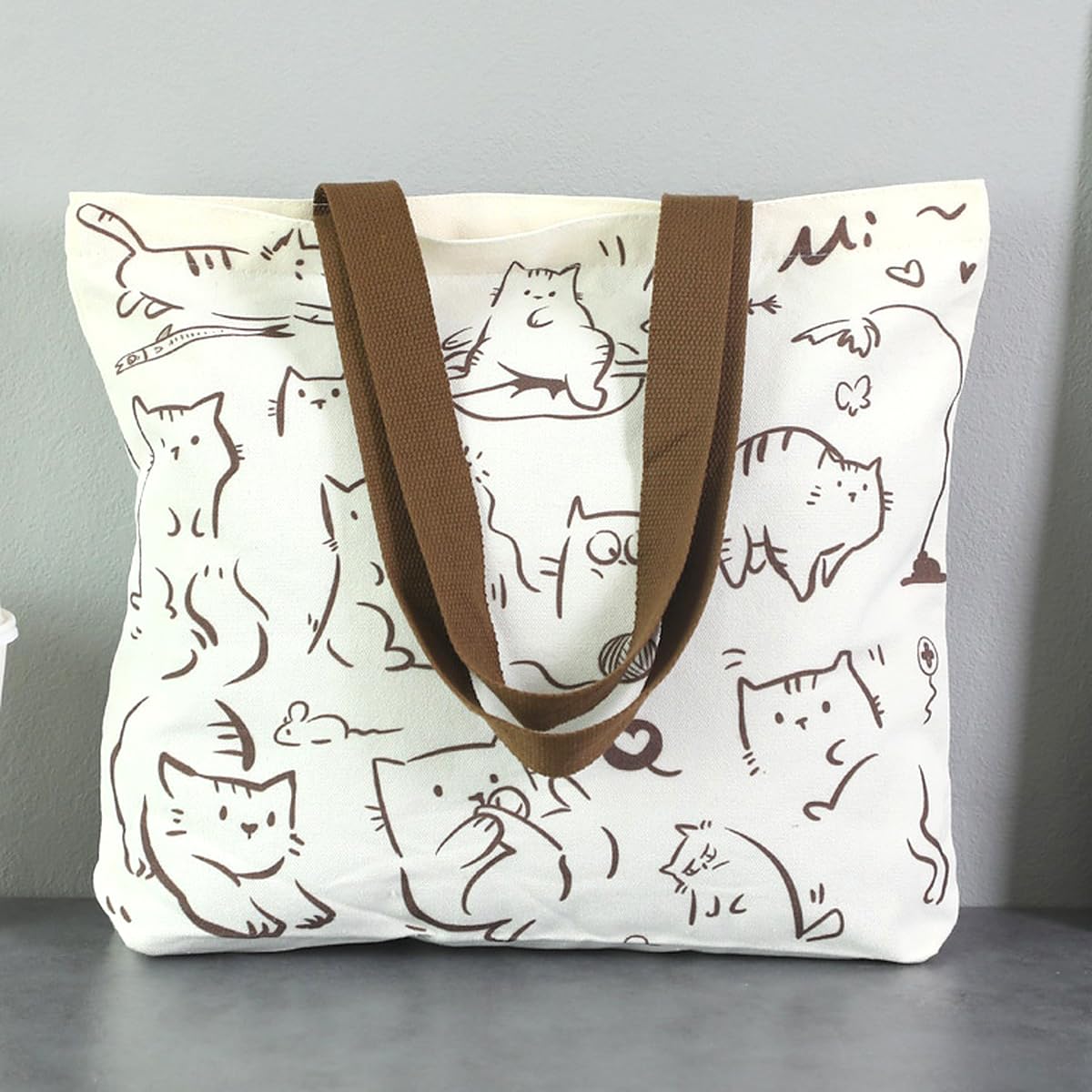 wolpin Women Shopping Grocery Tote Bag Beige | Reusable Cotton Shoulder Handbag with Pocket | Zipper Closure Travel Carry Bag Multipurpose | Funny Cat Printed Classic Tote