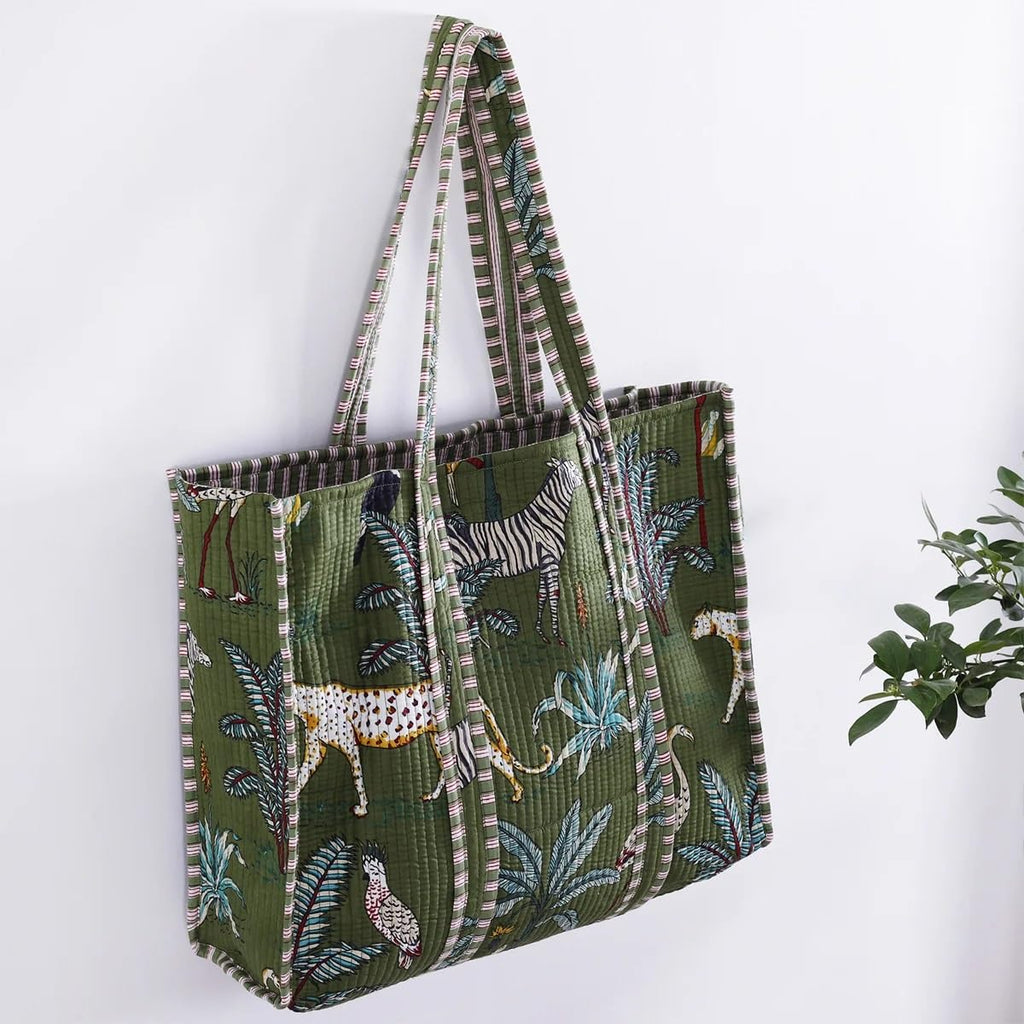 Pranipat Handicrafts Quilted Cotton Tiger Printed Pink Reversible Large Grocery Shopping Tote Bag - Versatile and Fashionable Tote for Shopping and Daily Essentials (Green-Regular)
