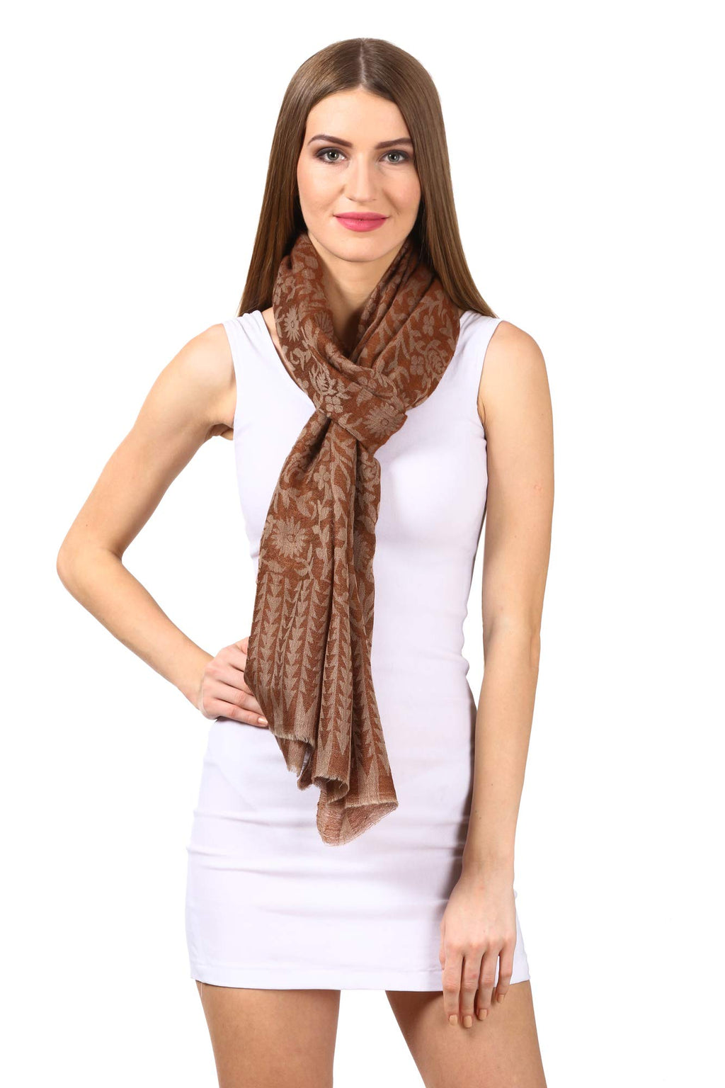 Pashtush Women's Woolen Floral Scarf, Colour Brown Espresso, Free Size