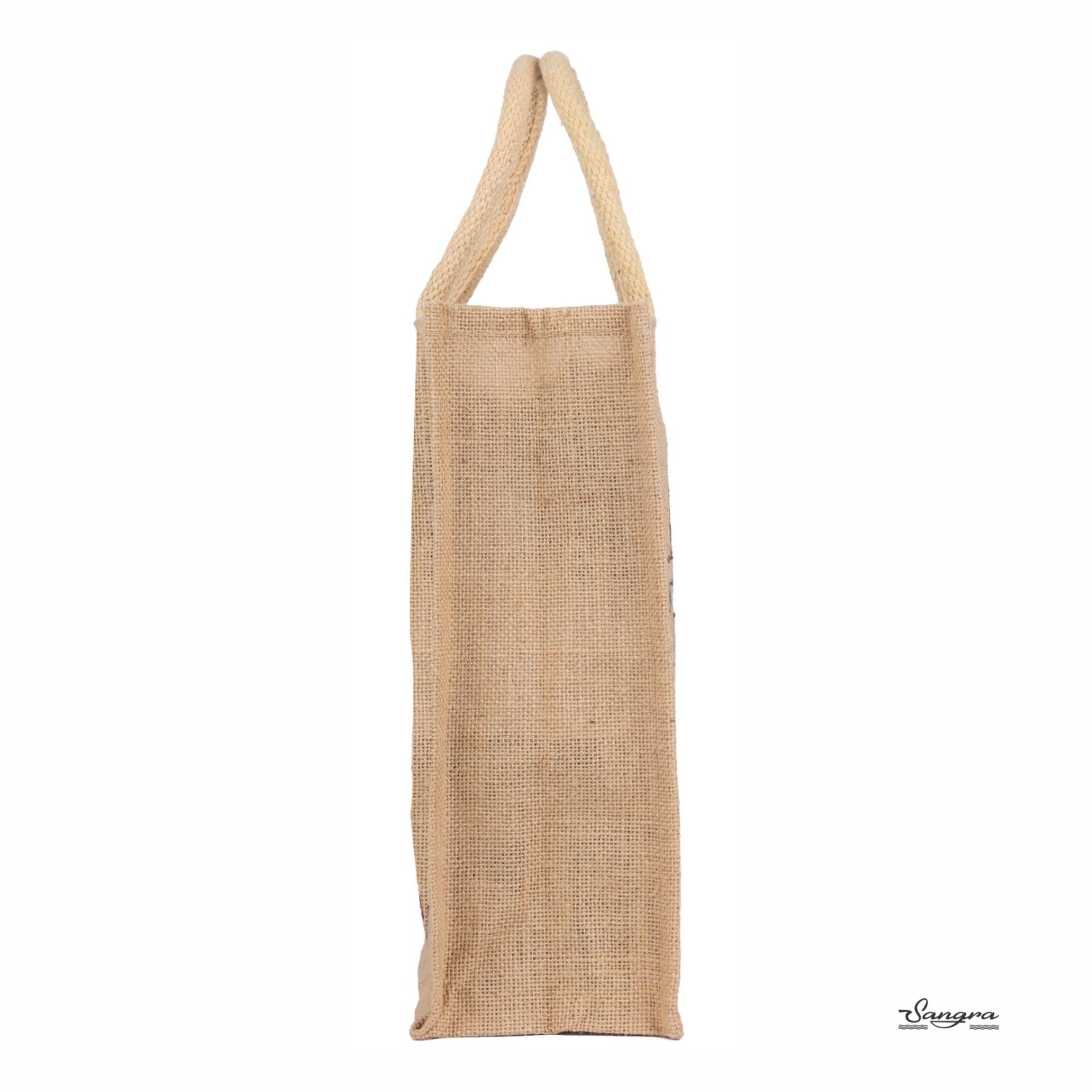 Sangra Multicolor Jute bag for Women and Men Lunch Bag with Zip and Handle Reusable Tiffin Bag Shopping Grocery Bag (Rangoli)