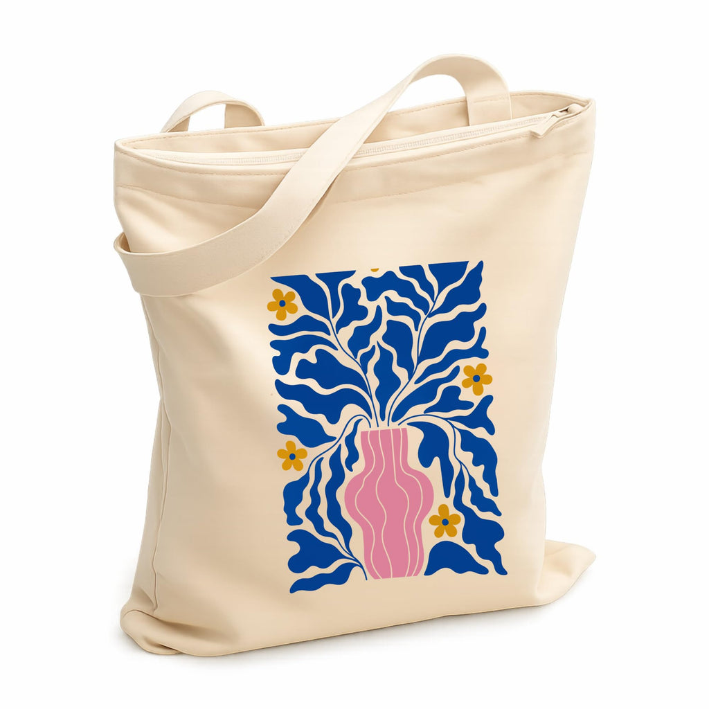 Prageet Canvas Tote Bag for Women with Zipper | 350 GSM Cotton Printed Tote | Stylish College Office Travel Shoulder Bag | Fits 14-15 Inch Laptop | Eco Friendly Reusable Cloth Handbag (VASEFLR)