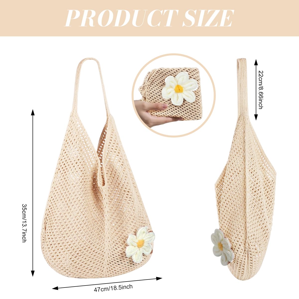 PALAY Tote Bag for Woman Beige Crochet Mesh Shoulder Bag with Flower Brooch