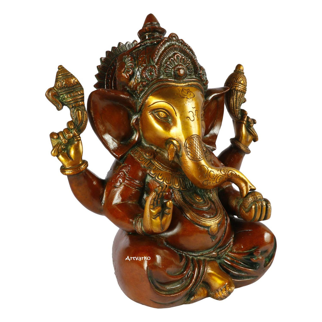 ARTVARKO Brass Taj Ganesha Bhagwan Idol Ganesha Statue Ganpati Murti for Home Entrance Decor Luck Gift Height 9 Inch