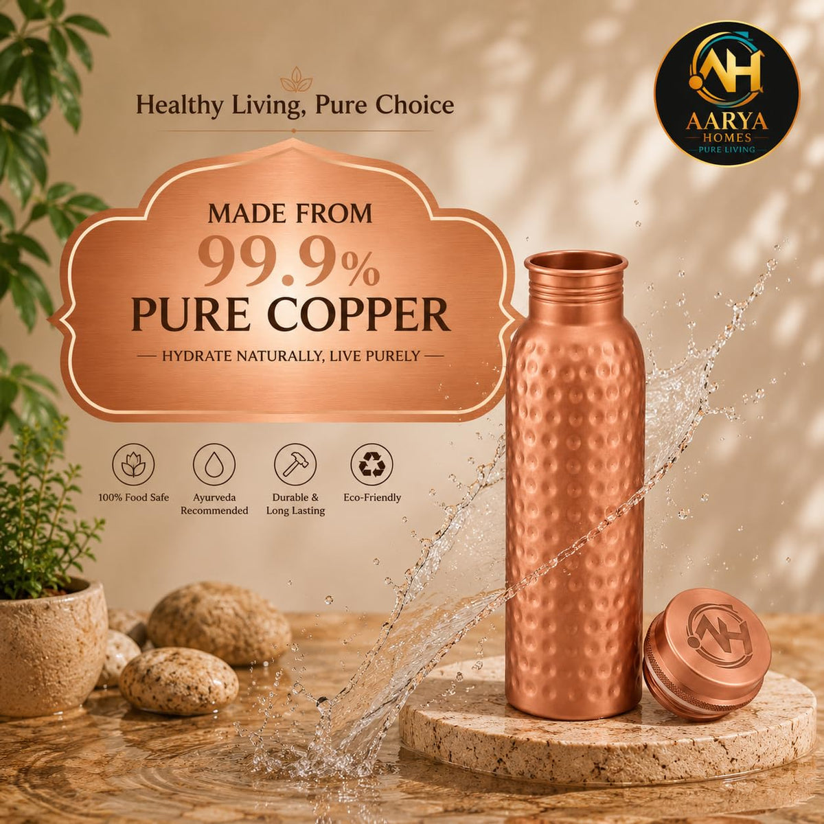 AARYA HOMES Pure Hammered Copper Water Bottle(950ml) | BPA-Free | Leak Proof | 99.9% Pure Copper | Antioxidant Benefits | Ayurveda Inspired | With Cleaning Powder,Brush,Silicon O-Ring & Premium Pouch.