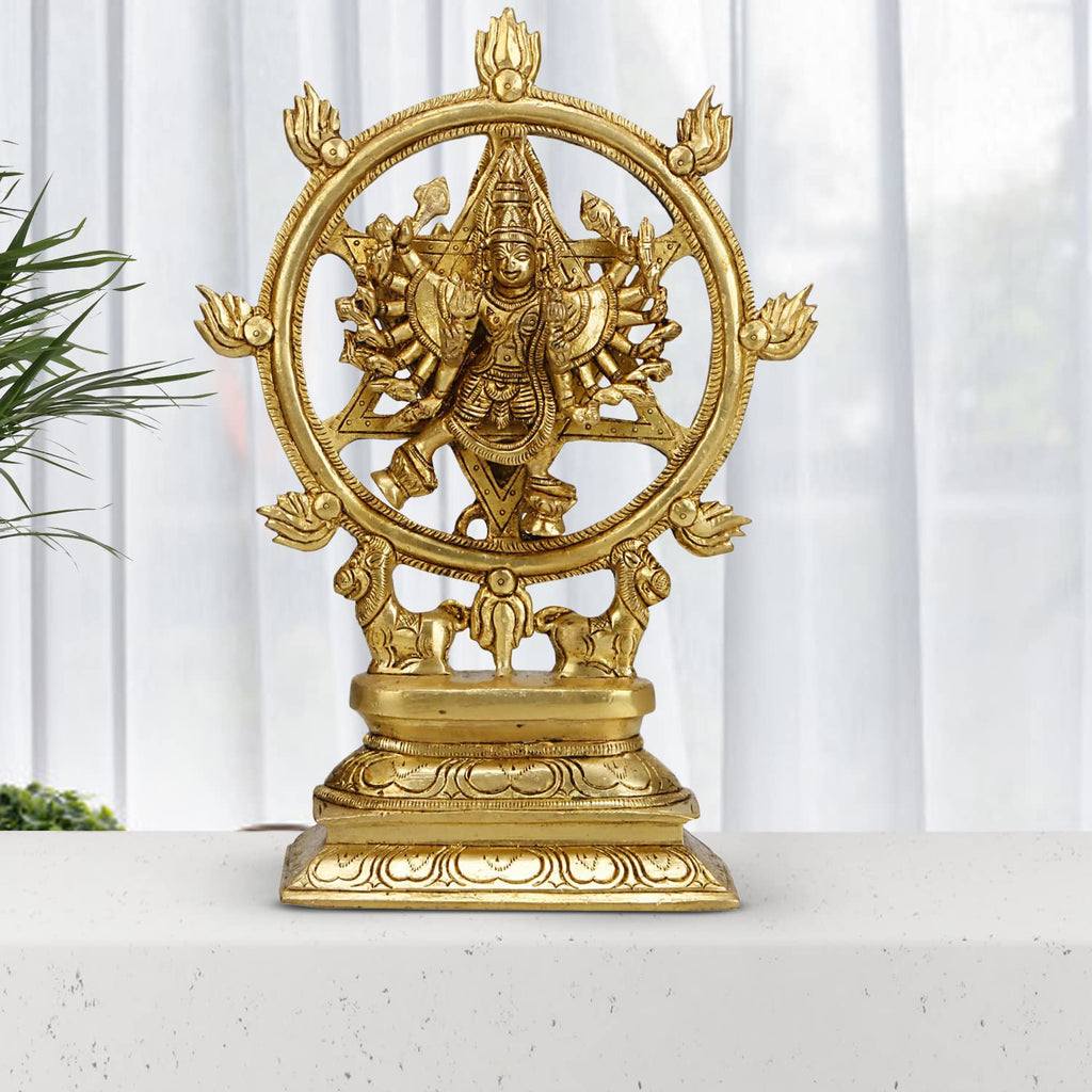 ARTVARKO™ Sudarshan Lord Vishnu16 Arms Statue as Sudarshana and Narsimha Other Side Brass Statue Murti Idol Religious Showpiece 9.5 Inch