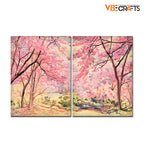 VIBECRAFTS Pink Flower Trees Nature Forest 2 Pieces Canvas Wall Painting Fitted With Wooden Frame For Home | Office | Living Room | Gifts(PTVC2Pcs1_17505)