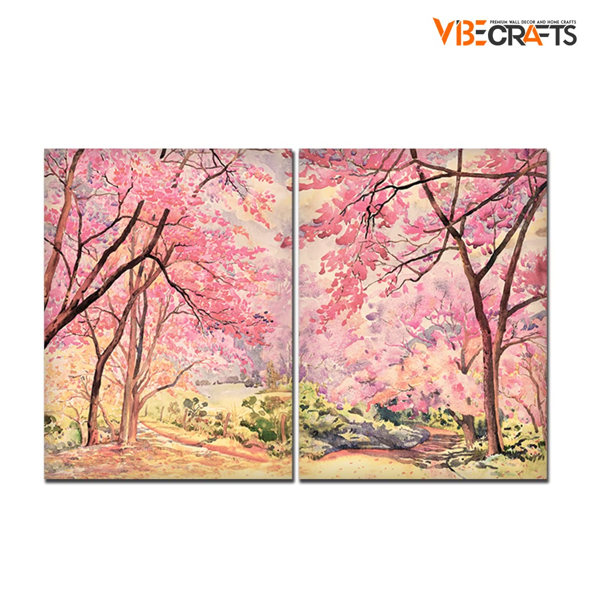 VIBECRAFTS Pink Flower Trees Nature Forest 2 Pieces Canvas Wall Painting Fitted With Wooden Frame For Home | Office | Living Room | Gifts(PTVC2Pcs1_17505)
