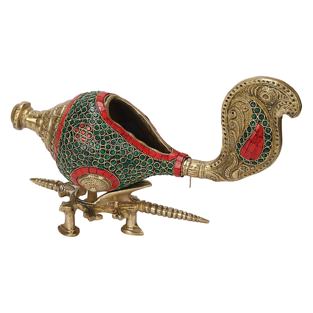 SVARUP Brass Shankh with Stand Conch Stand Shell, 14 Inch Table Top Multicolor